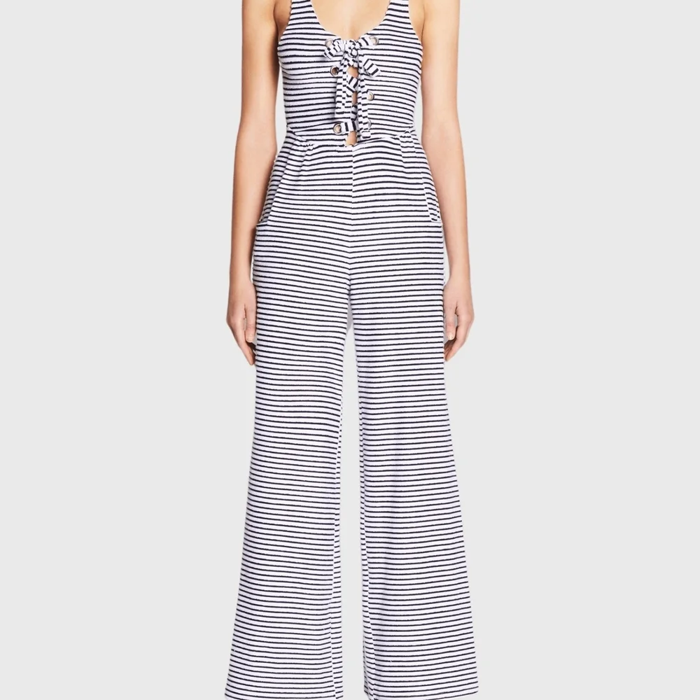 NWT Mara Hoffman Stripe Lace Up Front Jumpsuit White Black Size M